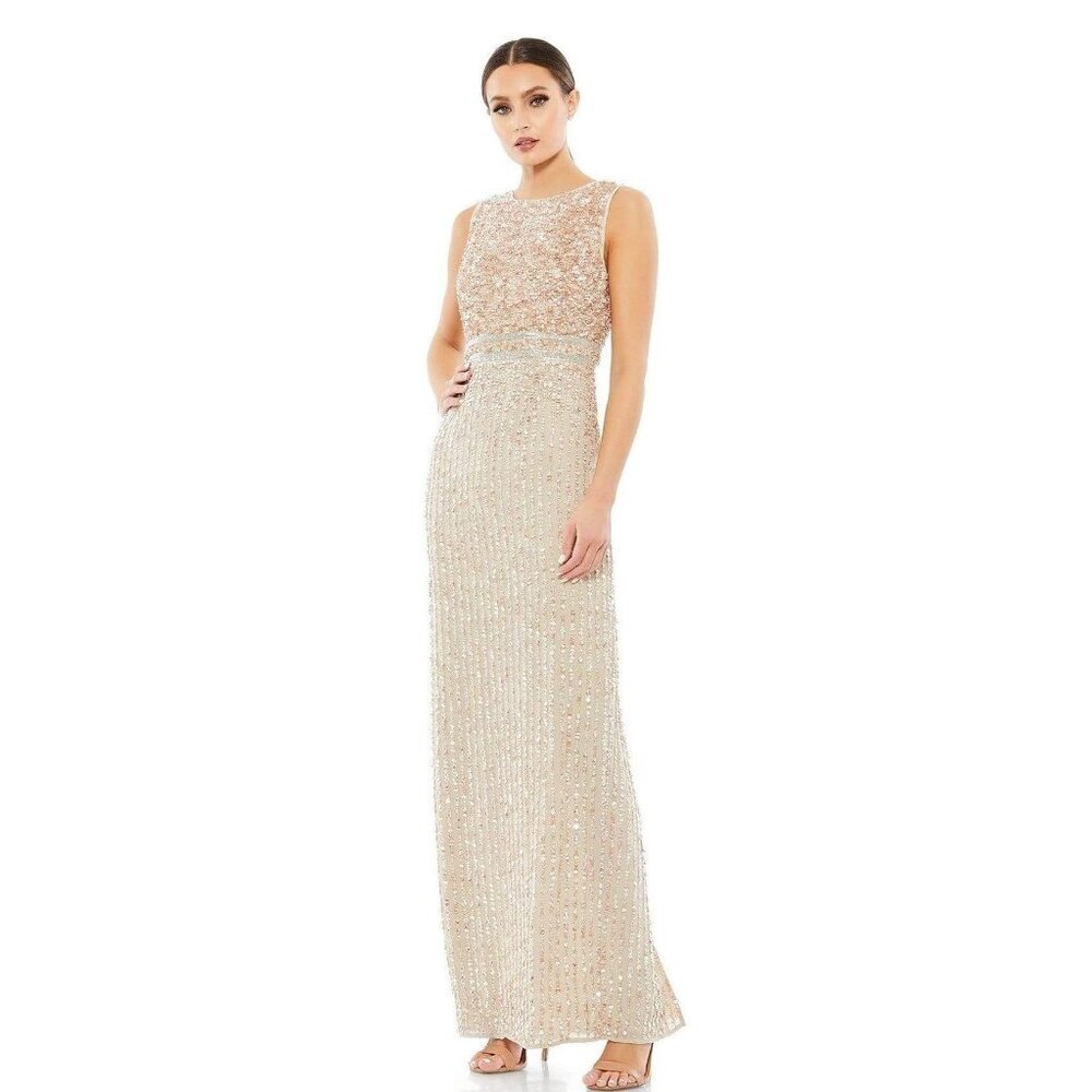 FLAW - NWT Mac Duggal Sequined High Neck Sleeveless Column Gown Nude 2 #A0187